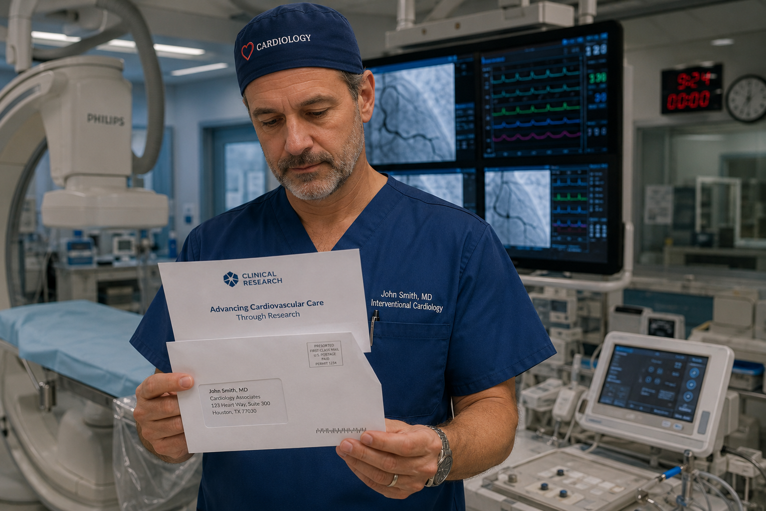 Clinical trial recruitment letter addressed to a local referring physician, showing direct mail outreach for an active research study with scan code tracking.