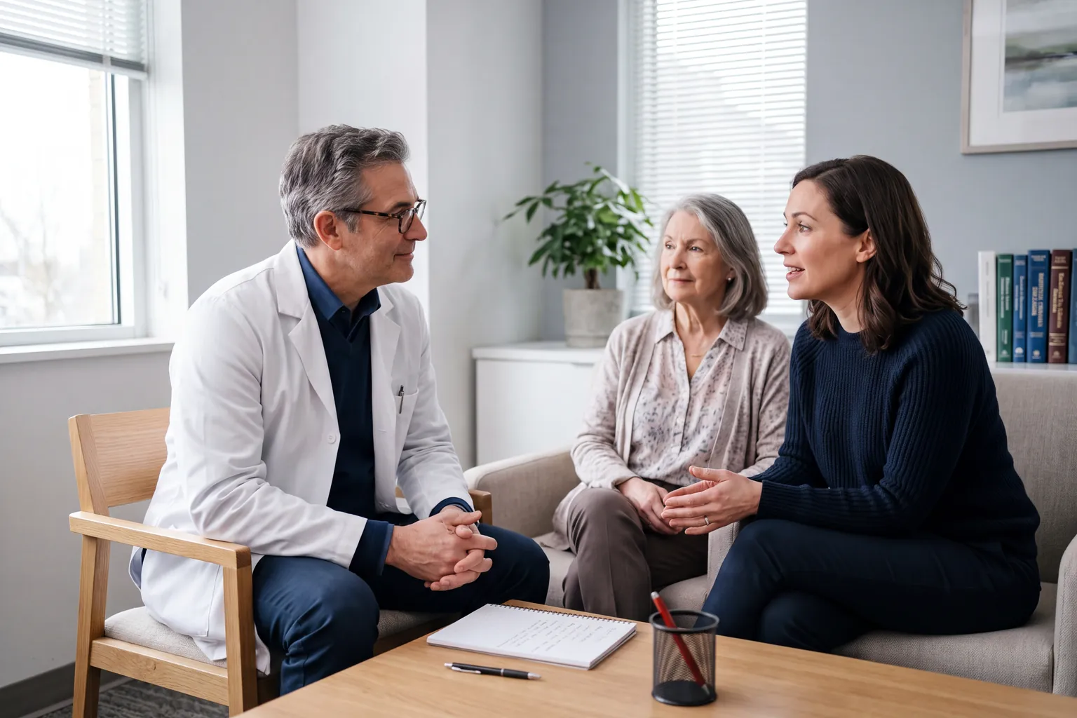 Neurologist in a white coat listening to an older woman and her adult daughter in a bright consultation room