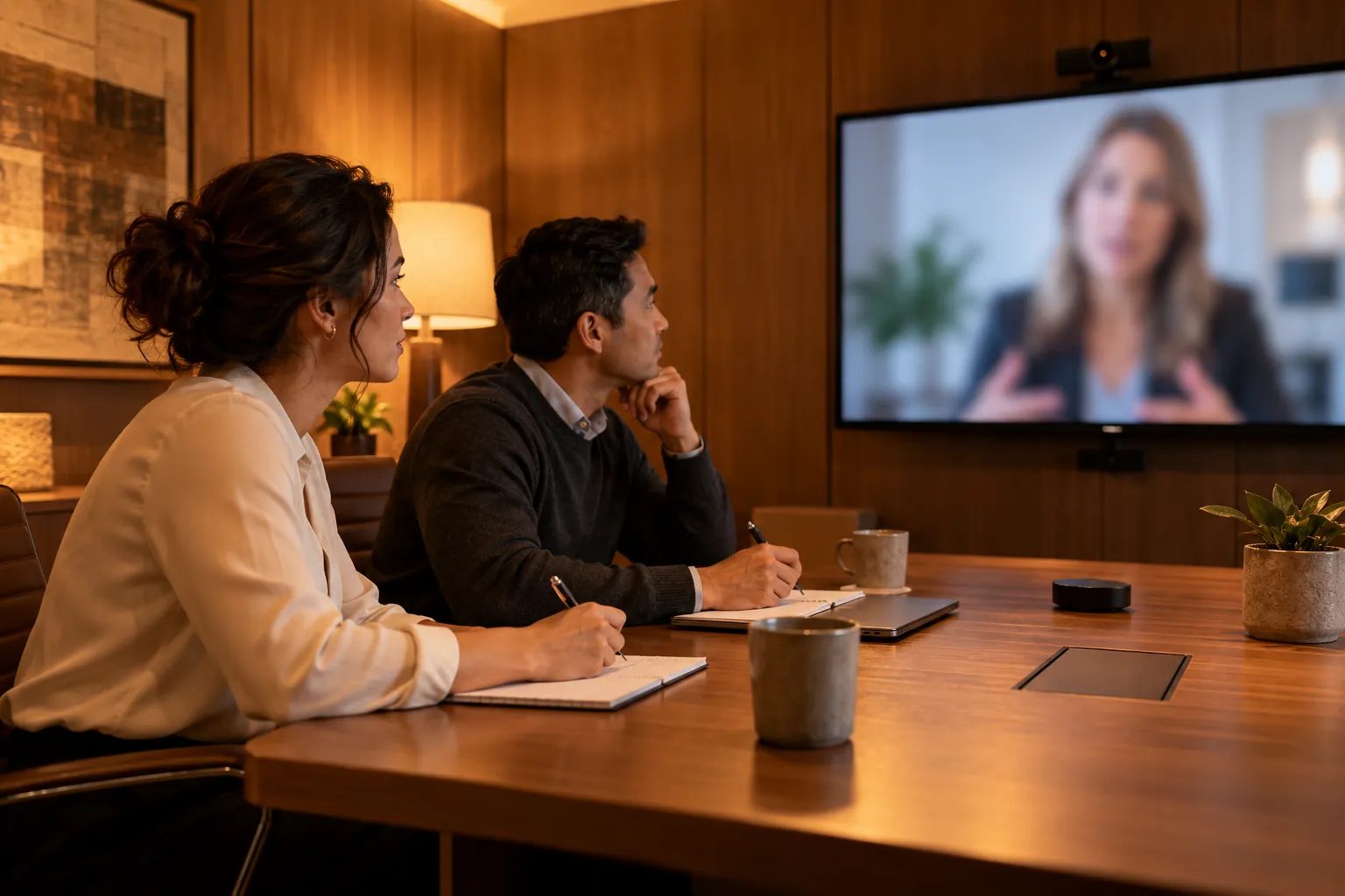 Two clinical research site staff members taking notes during a video call with a vendor