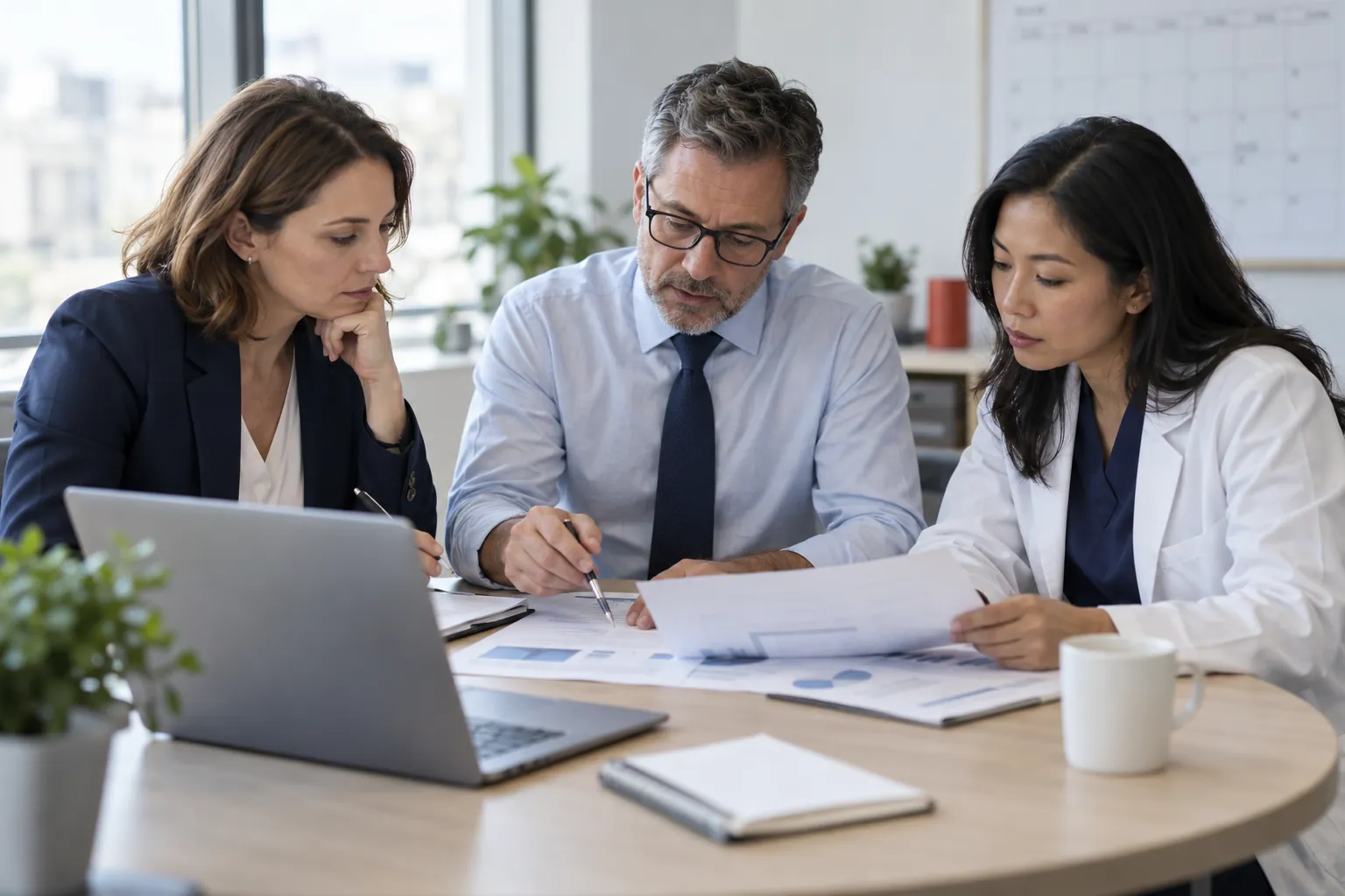 Three clinical research professionals reviewing printed reports at a conference table with a laptop and a wall calendar