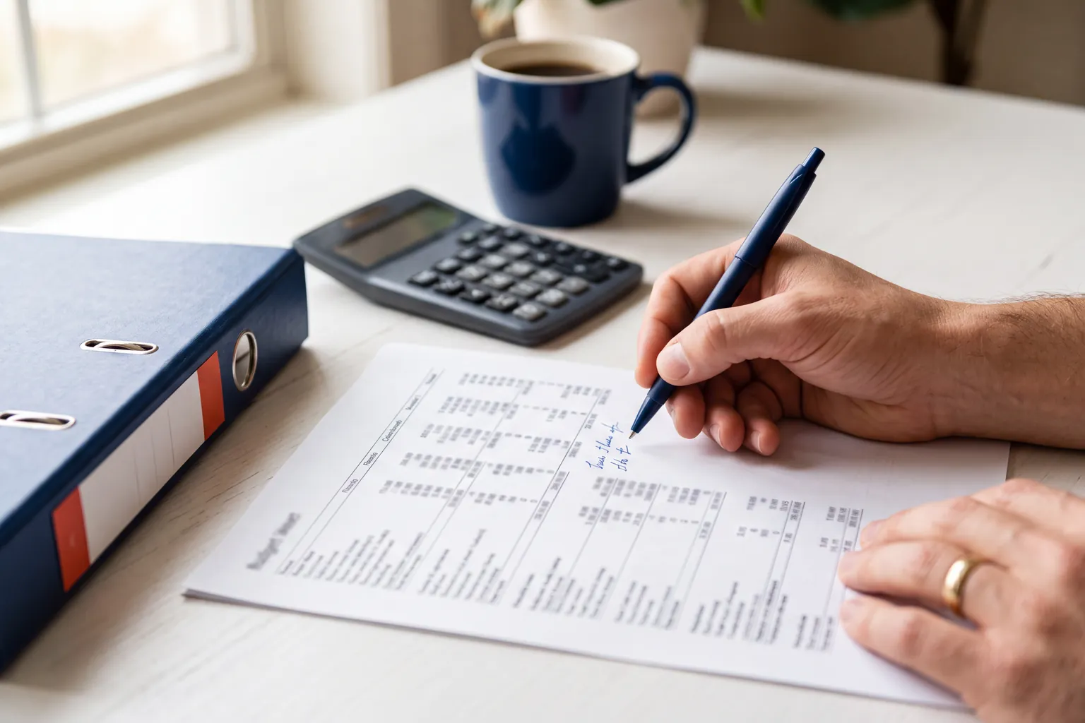 Hand writing notes on a printed budget sheet next to a calculator, navy binder, and coffee mug