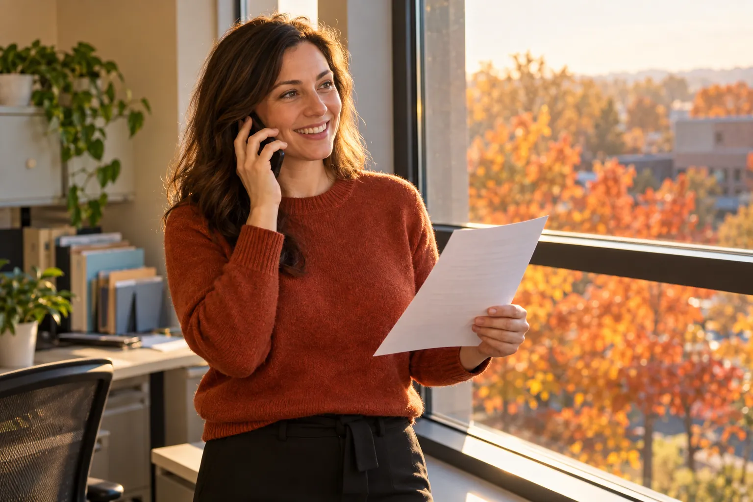 Clinical research coordinator in a rust sweater smiling on a phone call by an office window with autumn trees outside