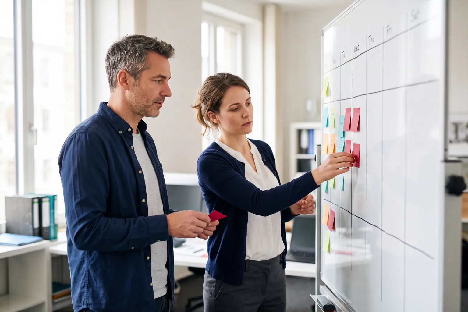 Two research site staff members arranging sticky notes on a weekly planning whiteboard