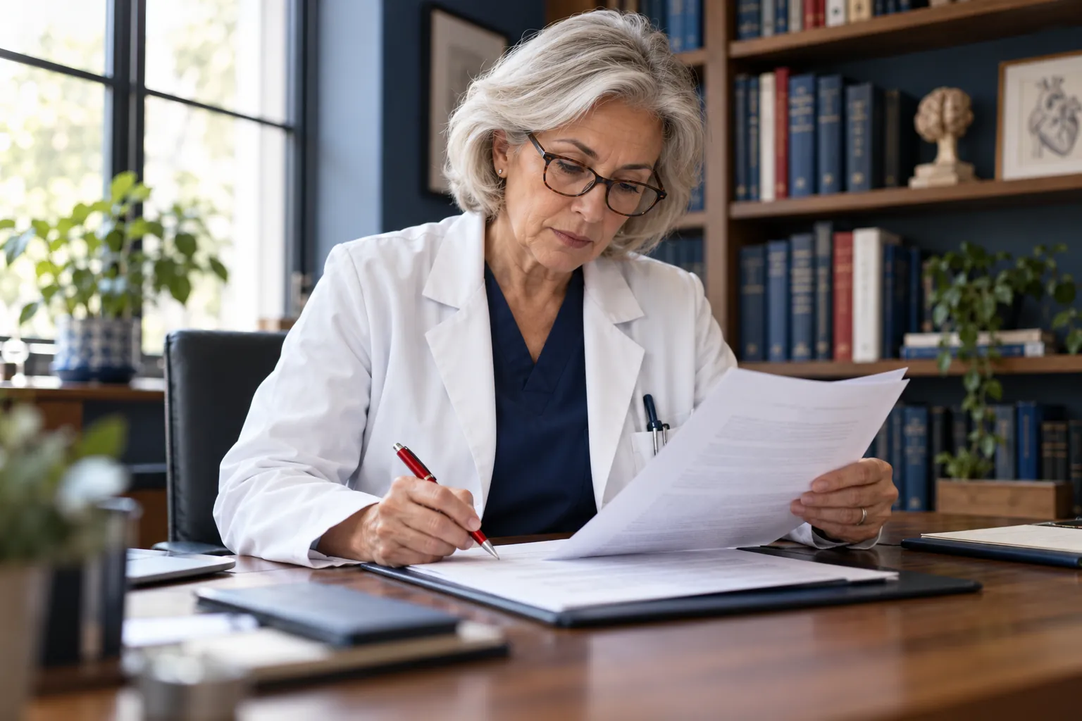 Senior physician in reading glasses reviewing a formal multi page document at a wooden desk with a red pen