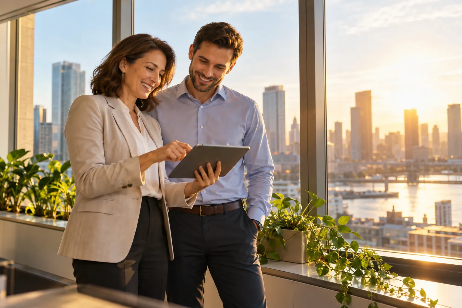 Two clinical research site staff members reviewing a growth plan together in a bright office