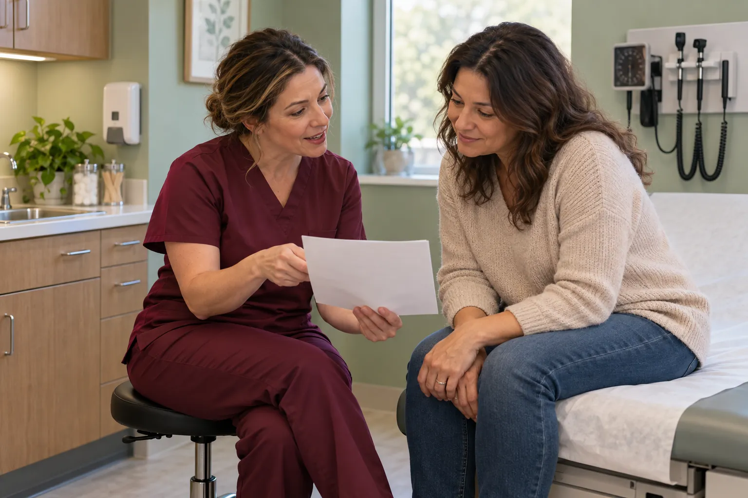 Nurse practitioner reviewing a clinical study summary with a patient in a primary care exam room