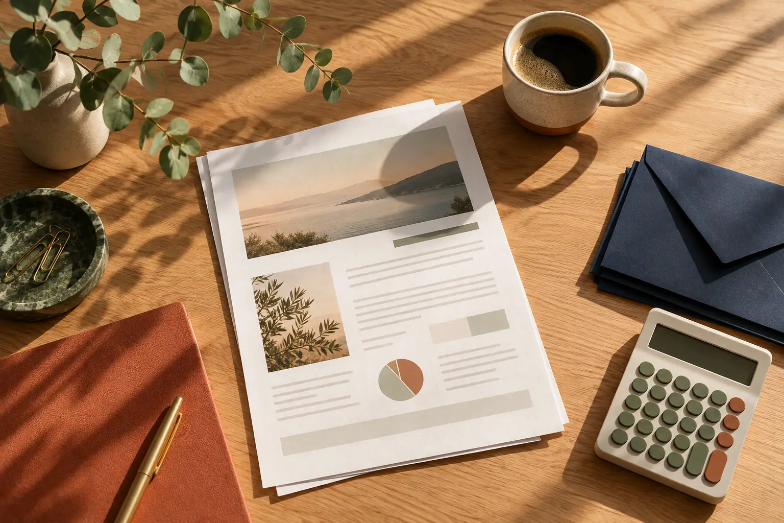 Overhead view of a desk with a printed proposal, calculator, navy envelopes, and a coffee cup