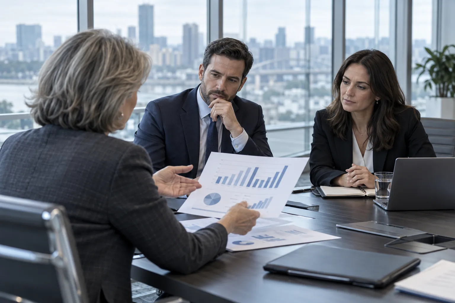 Research site director presenting enrollment results to sponsor representatives across a conference table