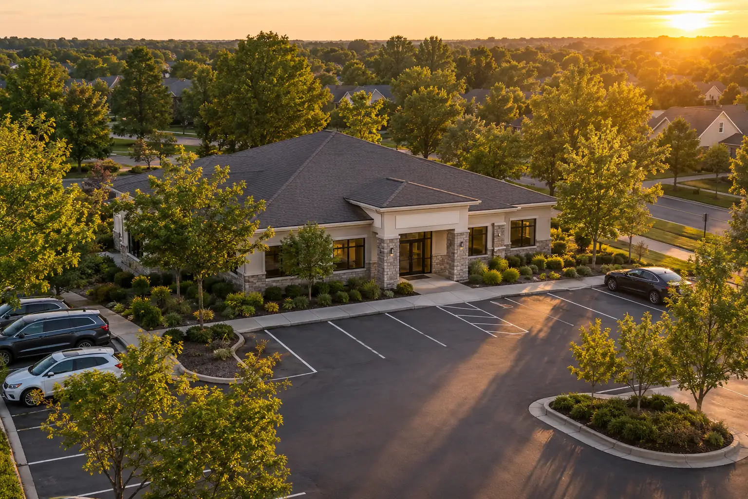 Drone view of a standalone single story medical office building in a leafy suburb at golden hour