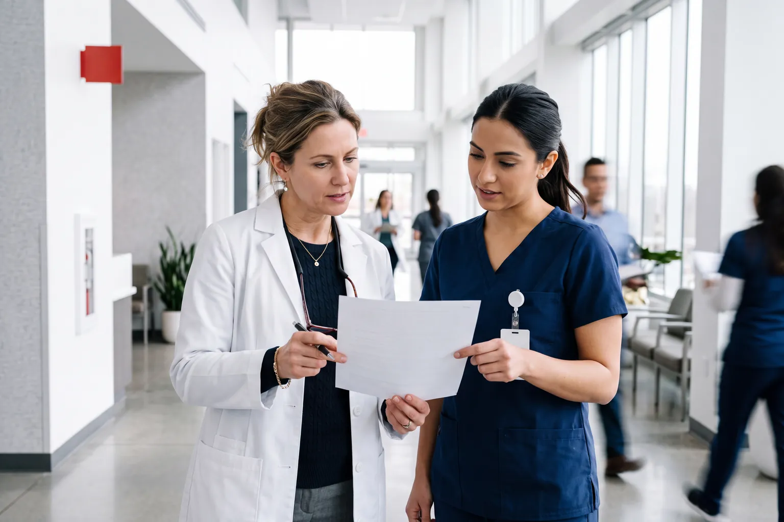 Community oncologist in a white coat and oncology nurse in navy scrubs reviewing a printed summary in a clinic hallway
