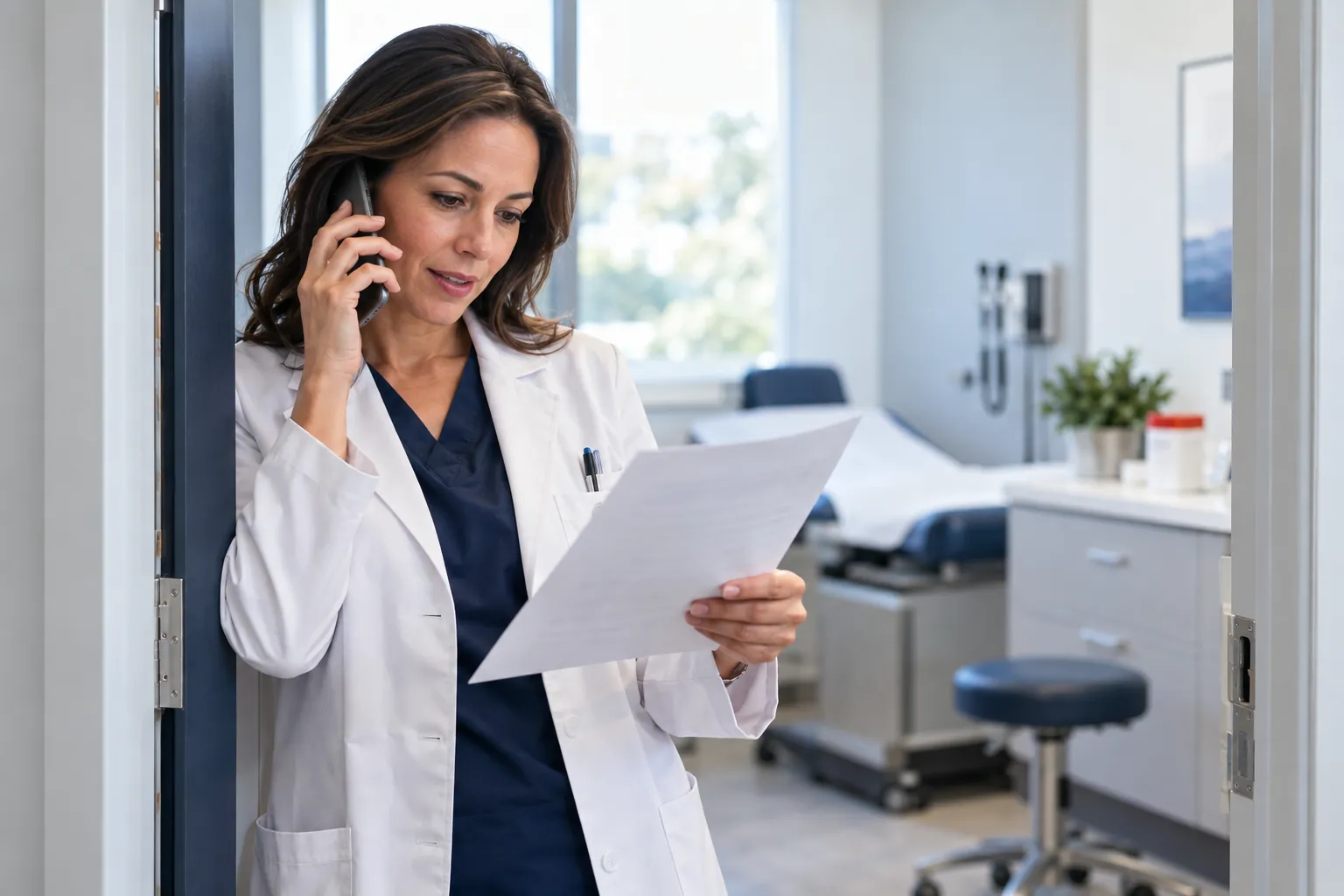 Dermatologist in a white coat reading a one page clinical study summary while on the phone in her exam room doorway