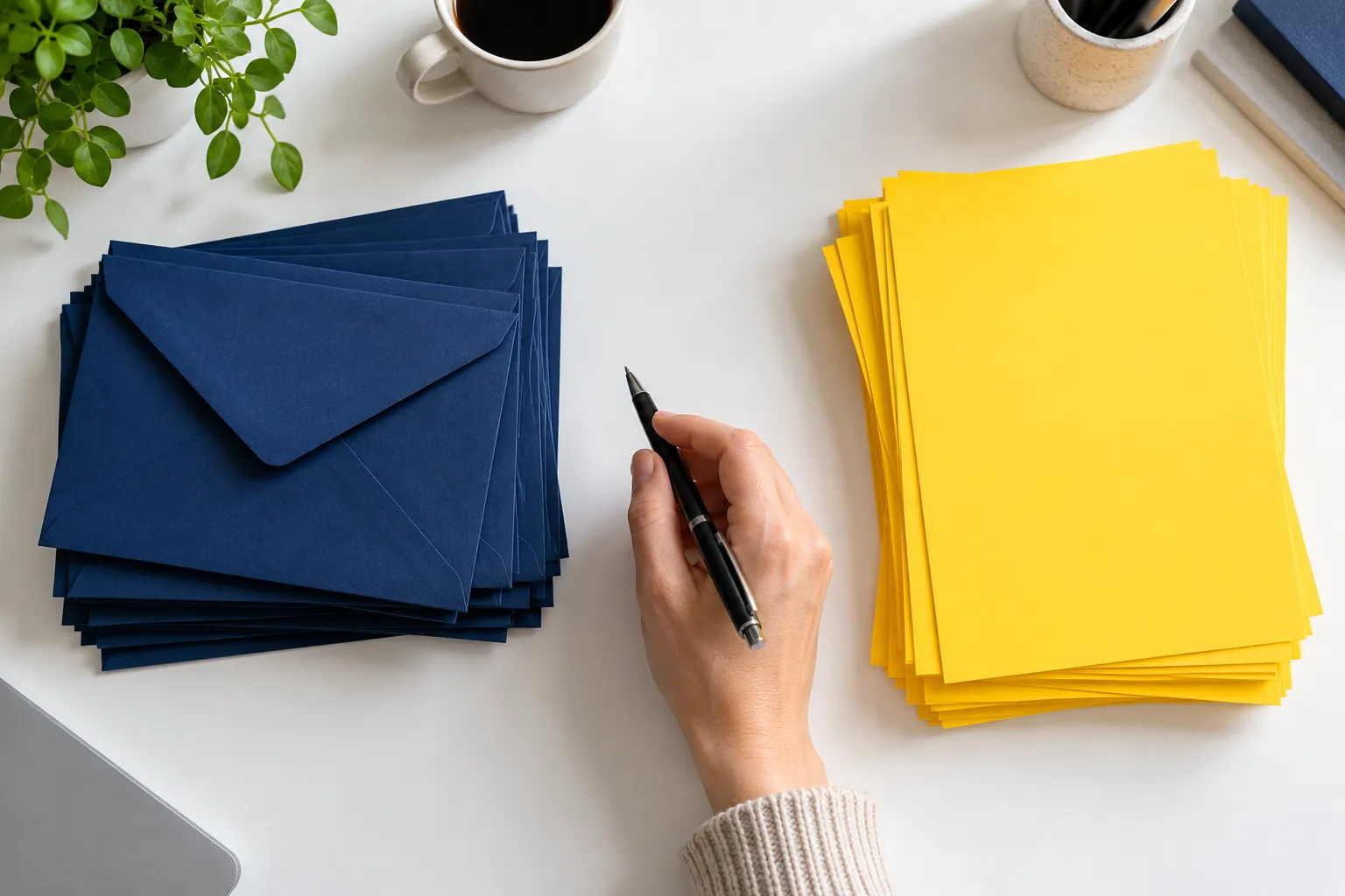 Overhead view of a desk with a stack of navy envelopes on one side and yellow flyers on the other, a hand holding a pen between them