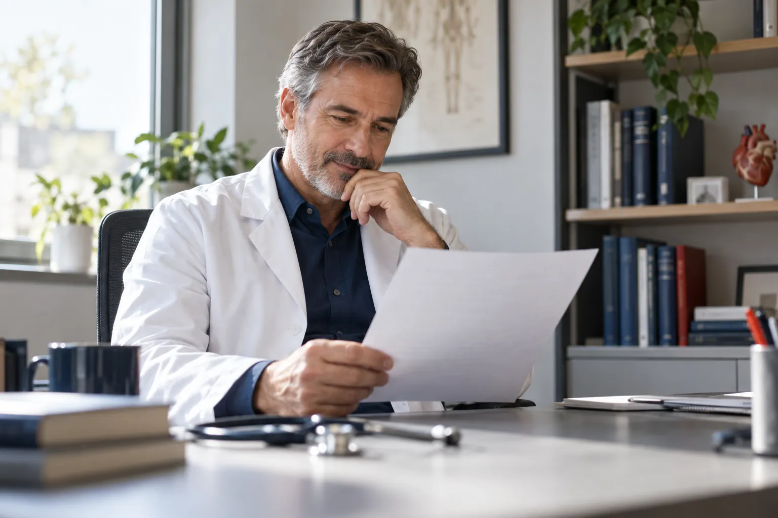 Community physician in a white coat reading a one page clinical trial referral letter at his office desk