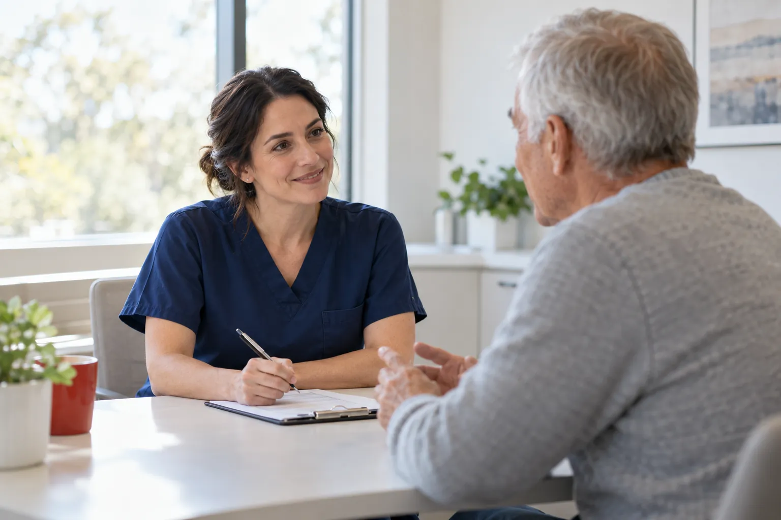 Clinical research coordinator in navy scrubs talking with an older male patient in a bright consultation room