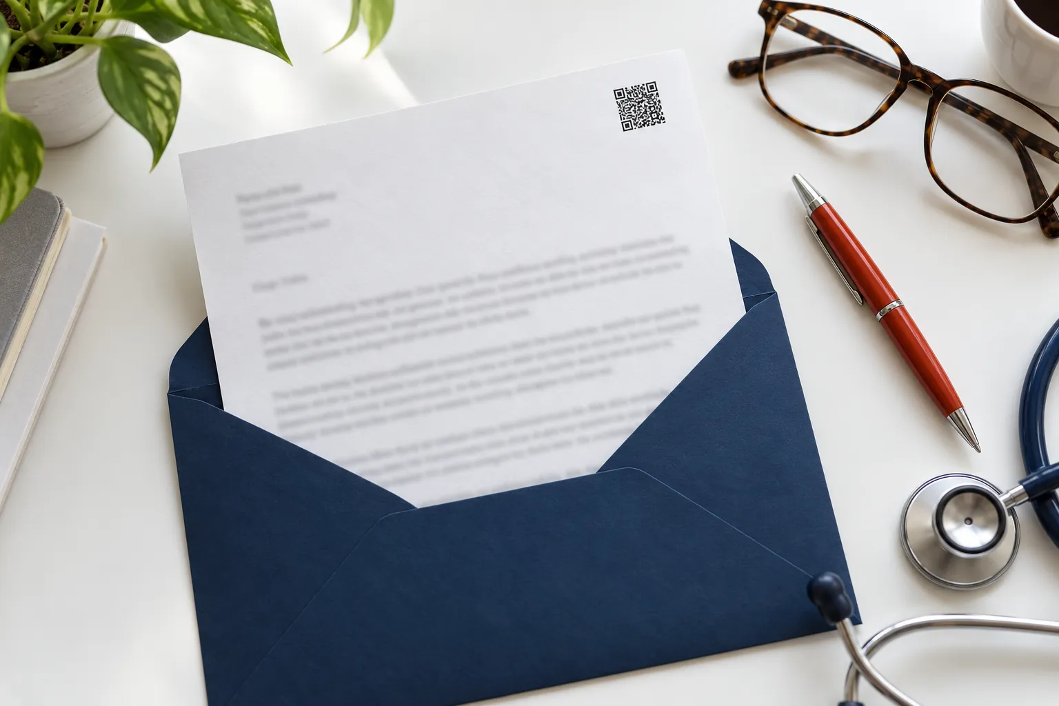 Printed one page clinical trial referral letter with a QR code in a navy envelope, next to a red pen, glasses, and a stethoscope