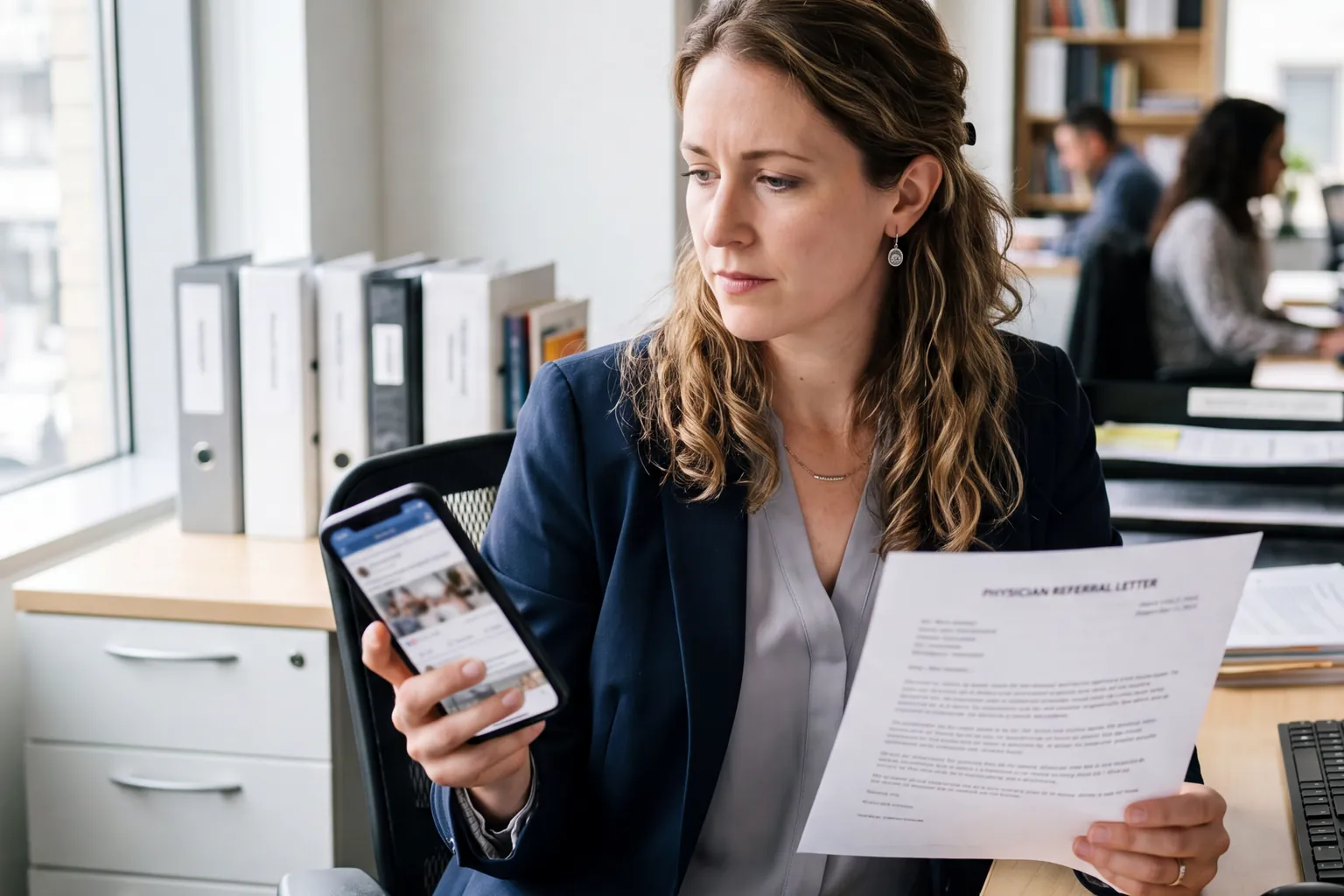 Clinical research coordinator comparing a social media feed on her phone with a printed physician referral letter