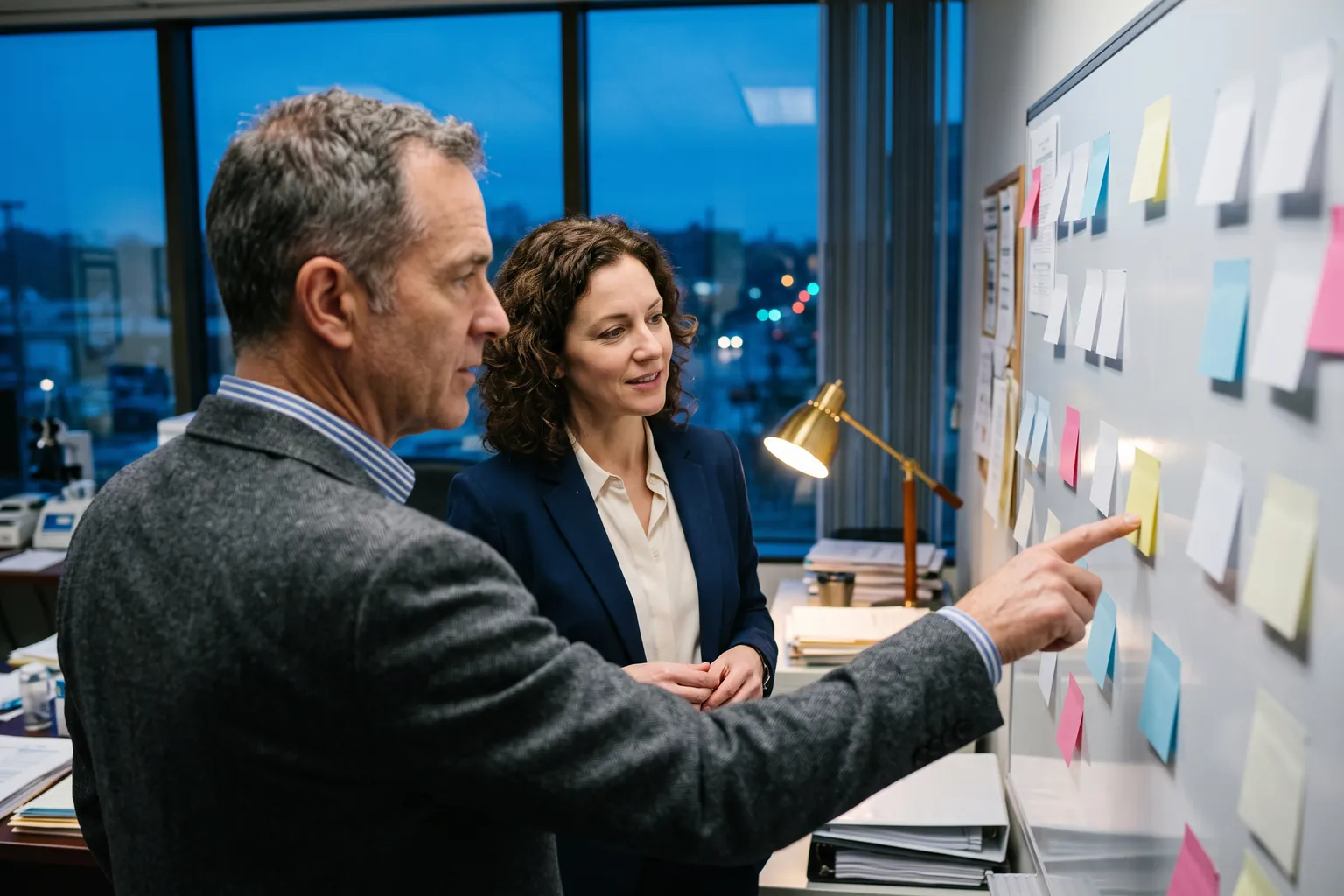 Principal investigator pointing at a whiteboard of sticky notes while a sponsor manager looks on in an office at dusk