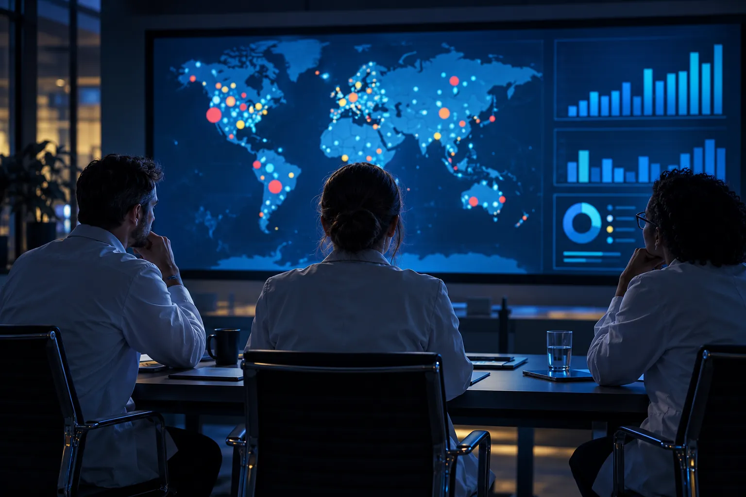 Sponsor clinical operations team reviewing site maps and performance charts on a large screen