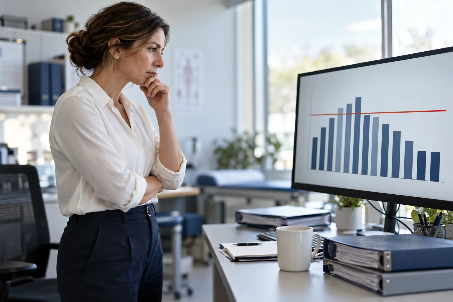 Research site manager looking at a monitor showing an enrollment bar chart falling below a red target line