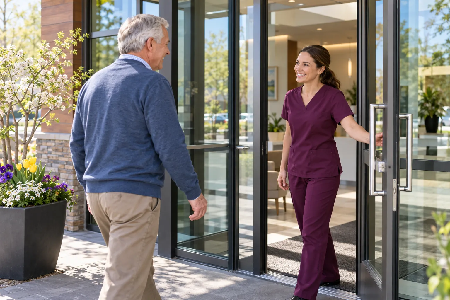 Clinical research coordinator welcoming the first study patient at a research clinic entrance