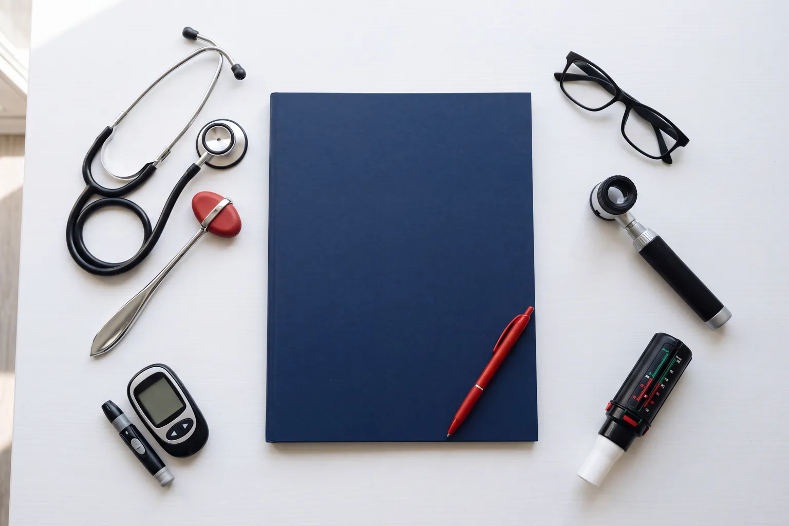 Flat lay of a stethoscope, reflex hammer, dermatoscope, peak flow meter, and glucose meter around a navy folder
