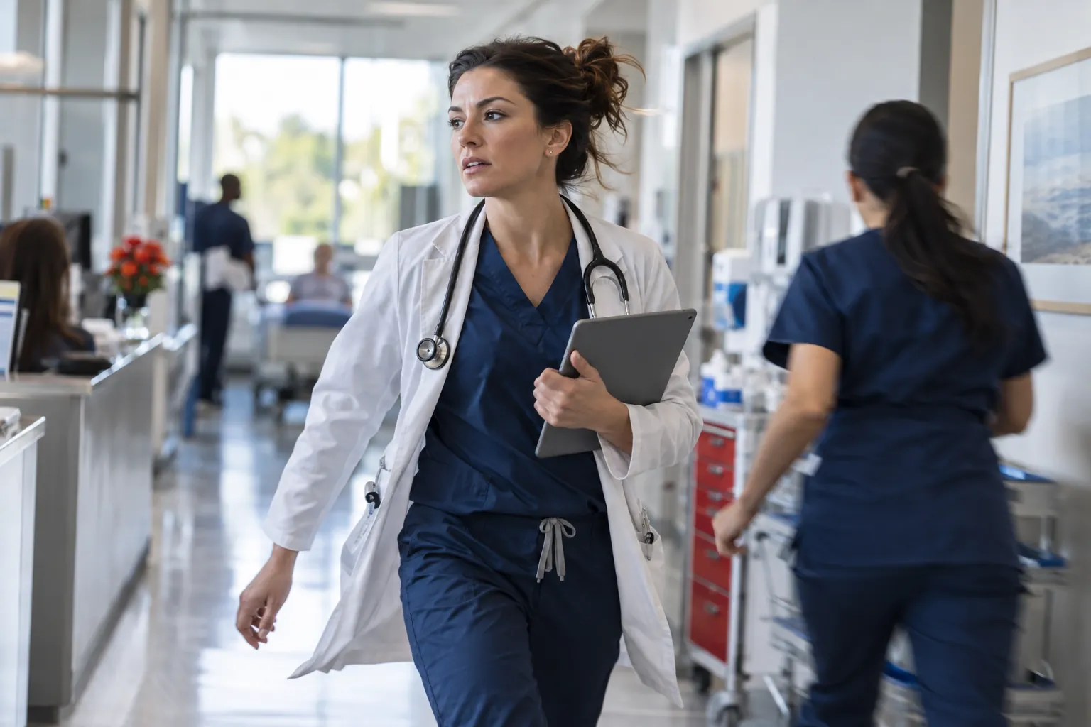 Busy physician in navy scrubs and a white coat walking quickly down a clinic hallway holding a tablet
