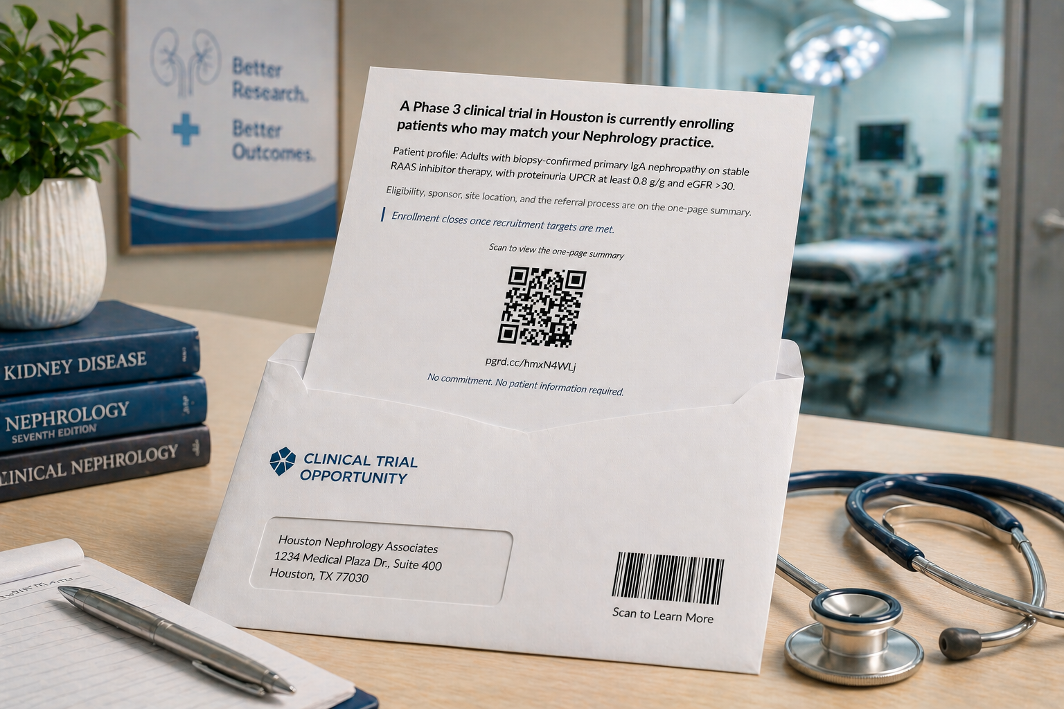 A TrialNotice clinical-trial-opportunity letter on a clinician's desk, showing the personalized study summary, QR code, and physician practice details